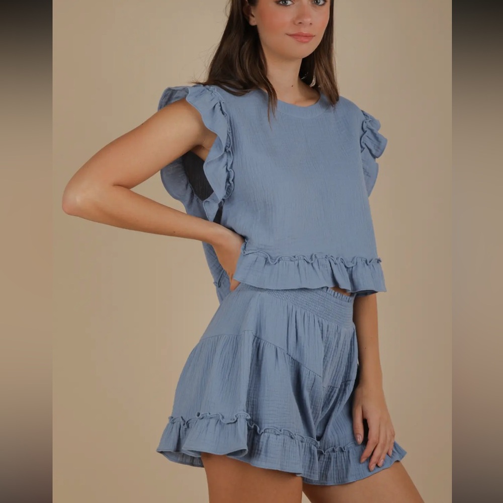 Anthropologie Light Blue Ruffle Sleeve Crop Top